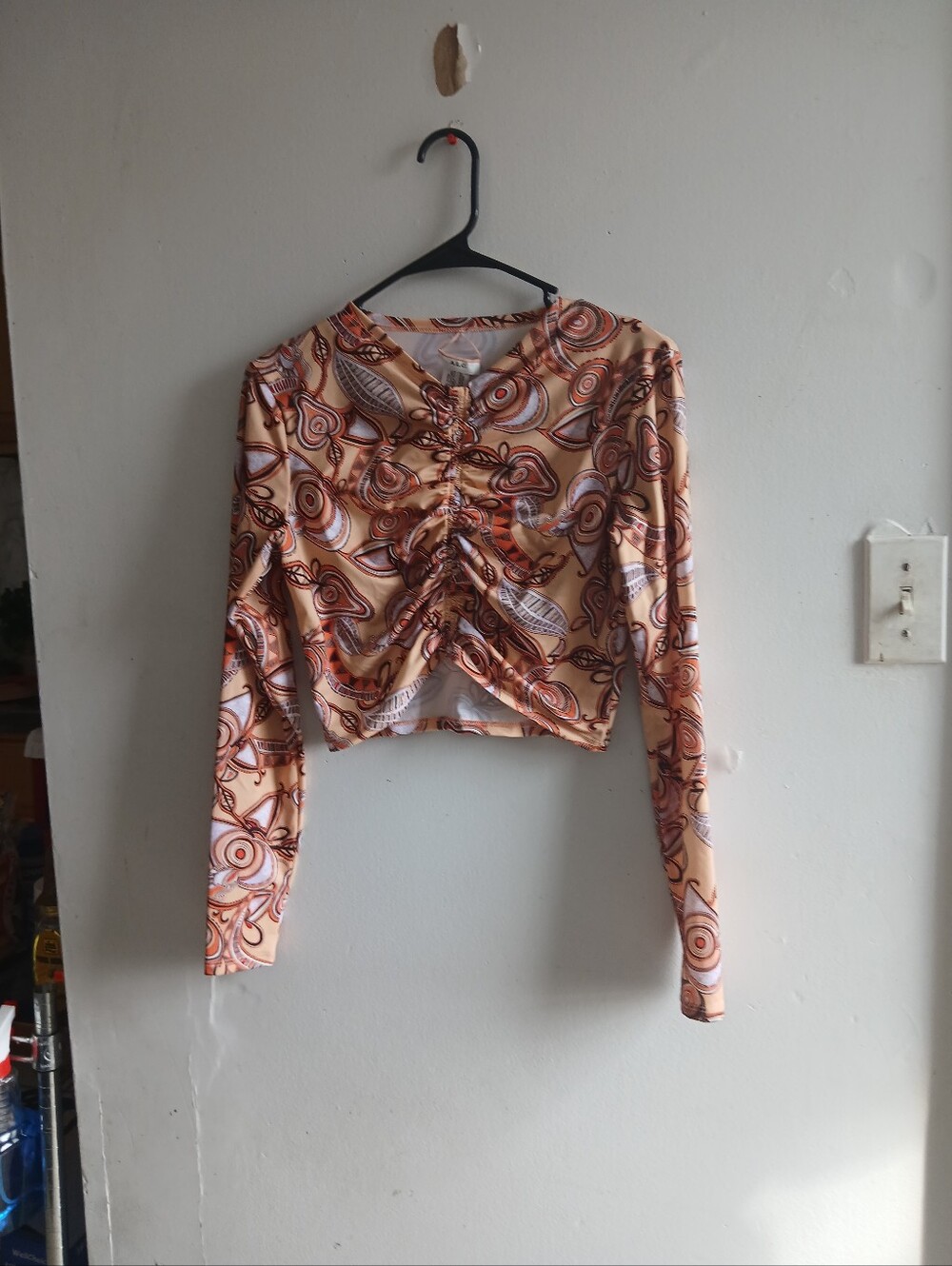 A.L.C. Peach and Brown Abstract Ruched Long-Sleeve Crop Top